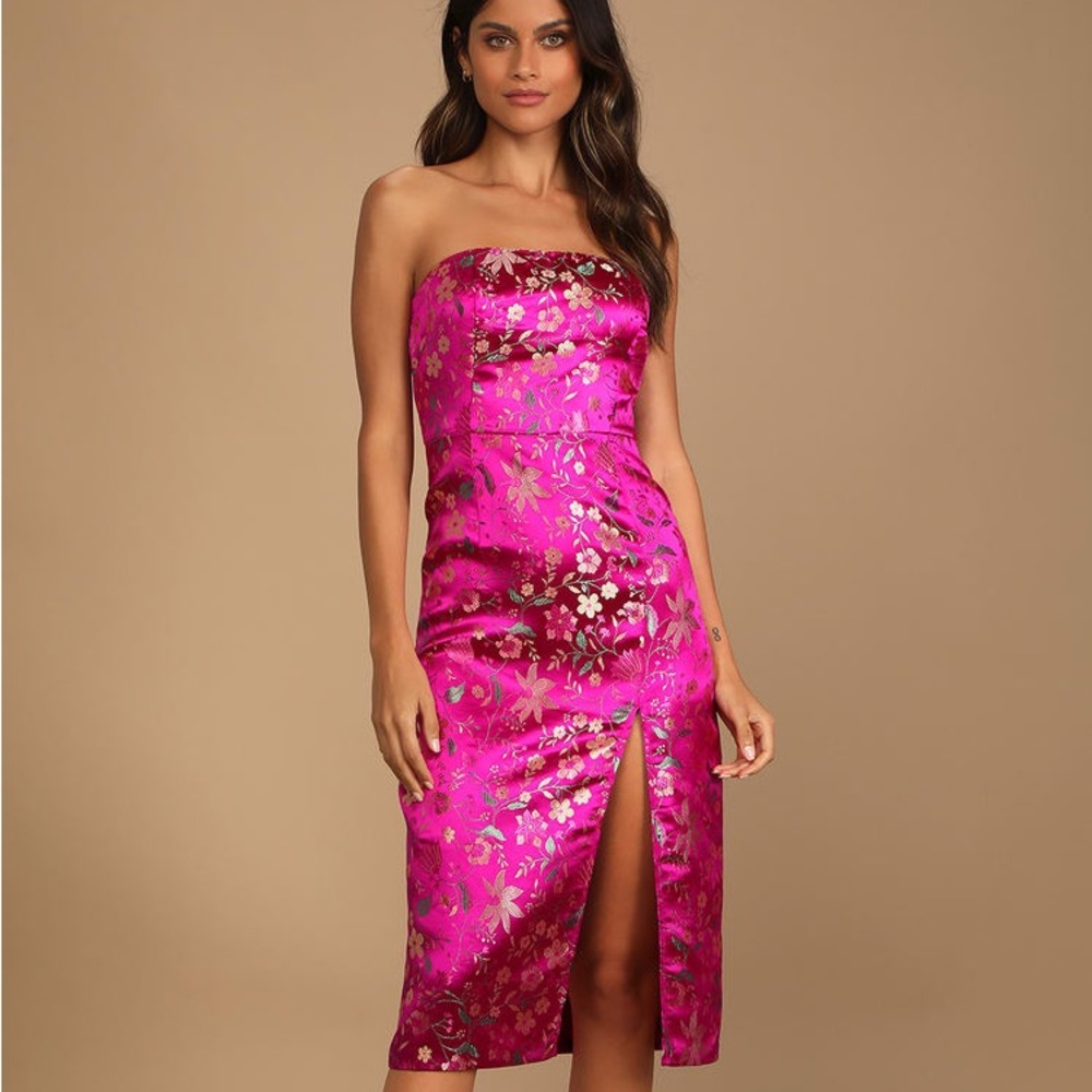 Lulus Make a Move Magenta Satin Floral Jacquard Strapless Midi Dress